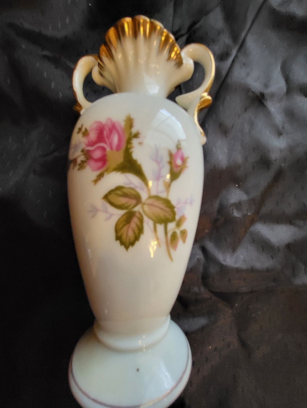 Elegant Stamped German White Porcelain Vase with Pink Rose Motif and Gold Trim